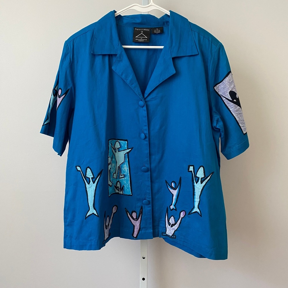 Anthony Mark Hankins Cotton Quirky Lagenlook Abstract Art Shirt 1X Blue
